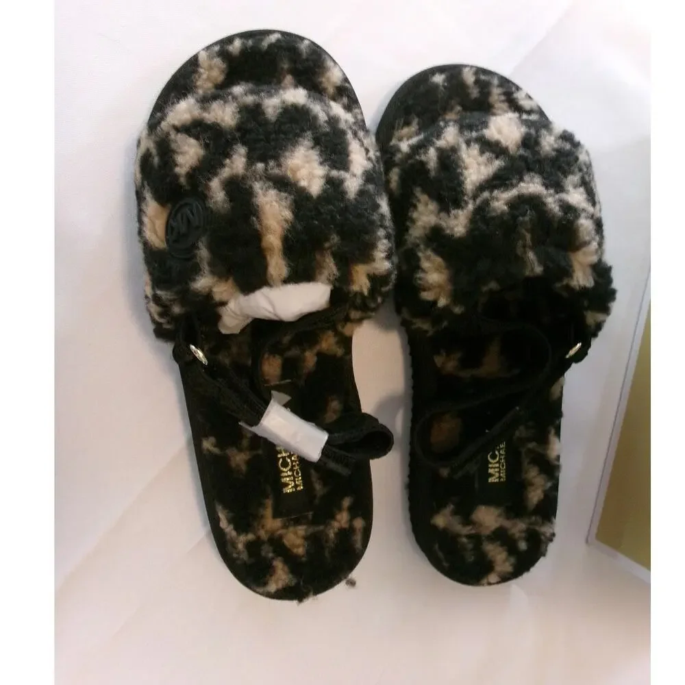 Michael Kors Juniper Faux Sherpa Slipper Slides Black Camel Women's 6M